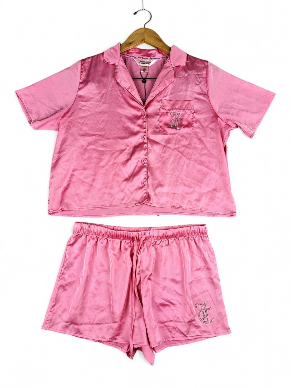 Juicy Couture Pink Satin Short Pajama Set Rhinestone JC Logo Women Small